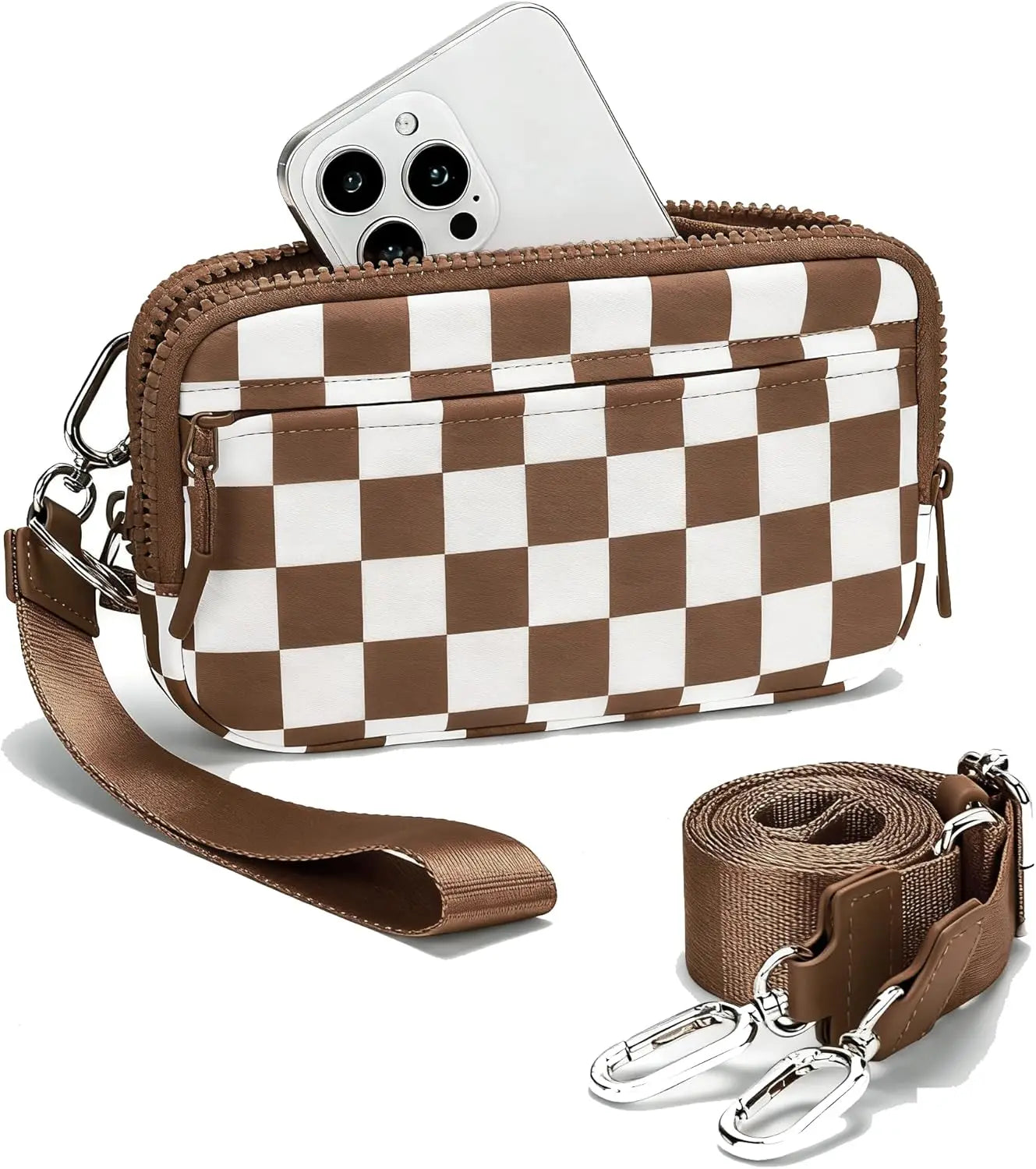 Checkered Wristlet Wallets for Women with ID Window Small Nylon Crossbody Bum Bag Cute Wristlet Purse with 4 Zippers