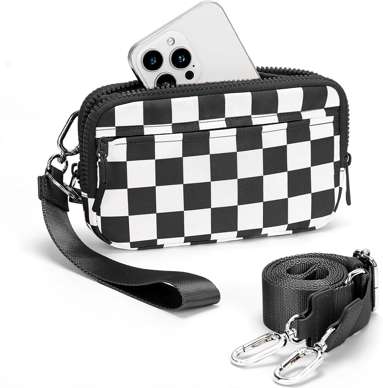 Checkered Wristlet Wallets for Women with ID Window Small Nylon Crossbody Bum Bag Cute Wristlet Purse with 4 Zippers