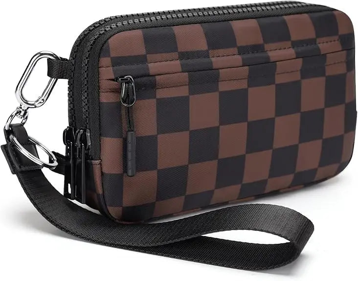 Checkered Wristlet Wallets for Women with ID Window Small Nylon Crossbody Bum Bag Cute Wristlet Purse with 4 Zippers