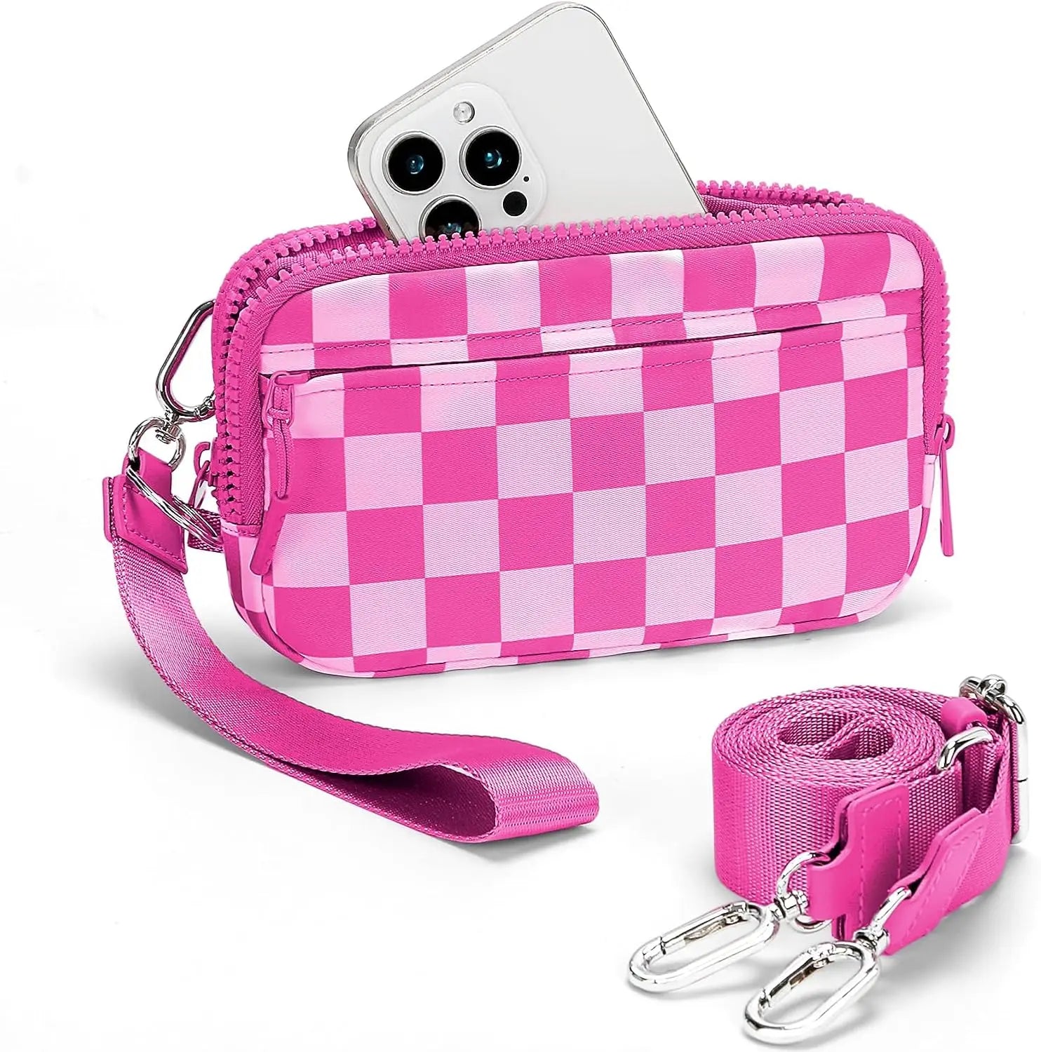 Checkered Wristlet Wallets for Women with ID Window Small Nylon Crossbody Bum Bag Cute Wristlet Purse with 4 Zippers