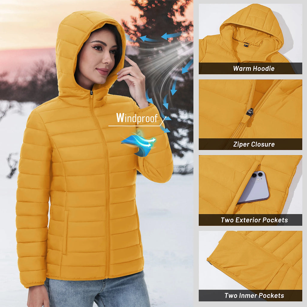 MAGCOMSEN Women's Lightweight Hooded Puffer Jacket Full Zip Quilted Coat Warm Winter Outerwear Casual