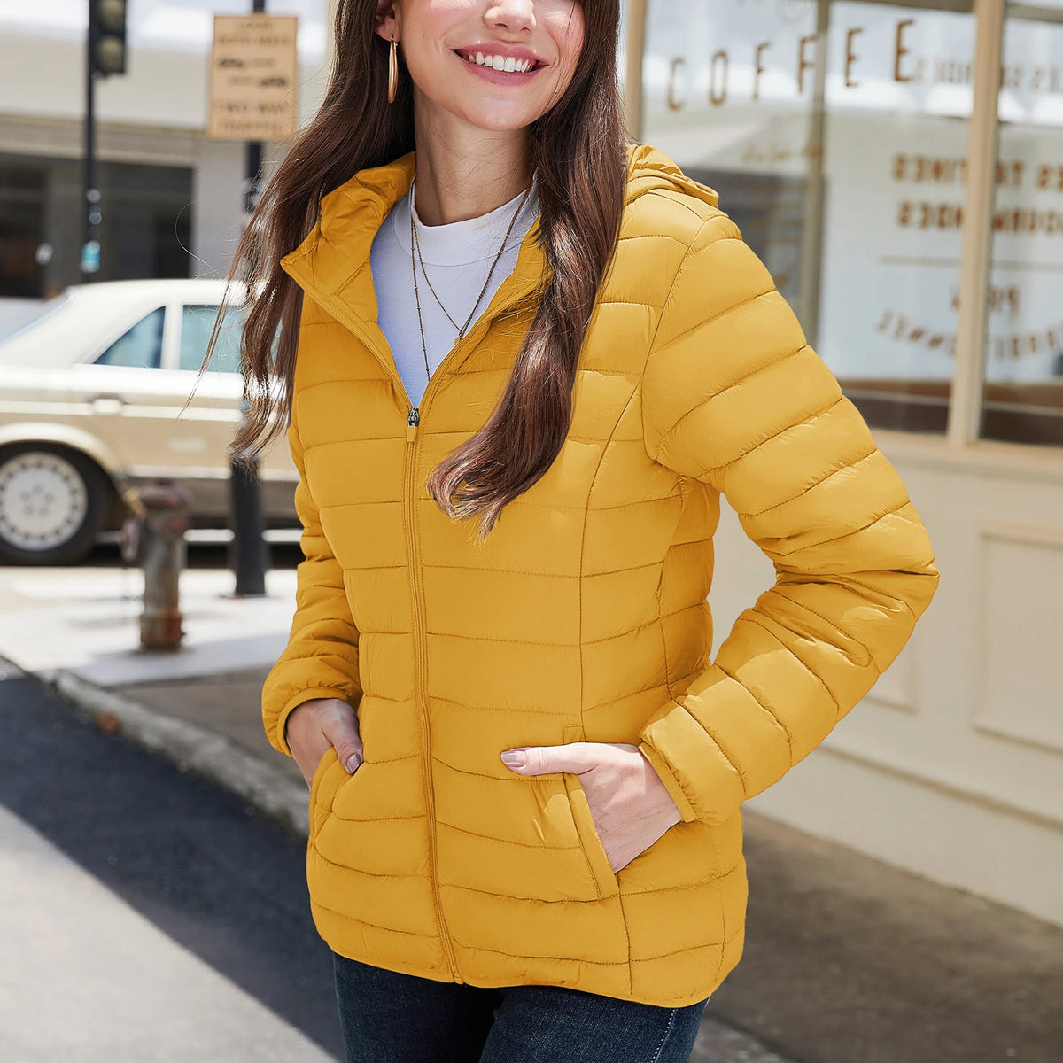 MAGCOMSEN Women's Lightweight Hooded Puffer Jacket Full Zip Quilted Coat Warm Winter Outerwear Casual