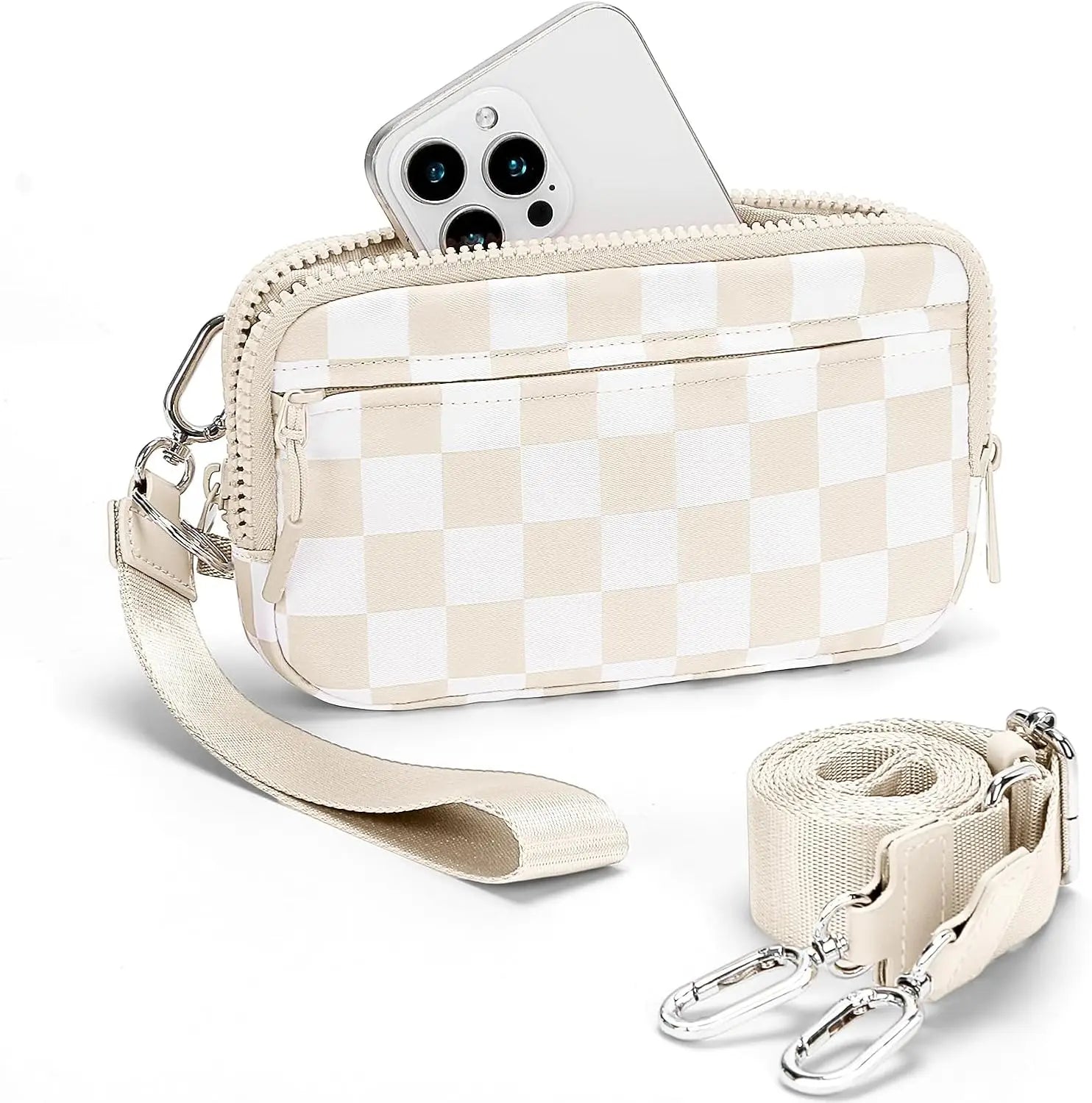 Checkered Wristlet Wallets for Women with ID Window Small Nylon Crossbody Bum Bag Cute Wristlet Purse with 4 Zippers
