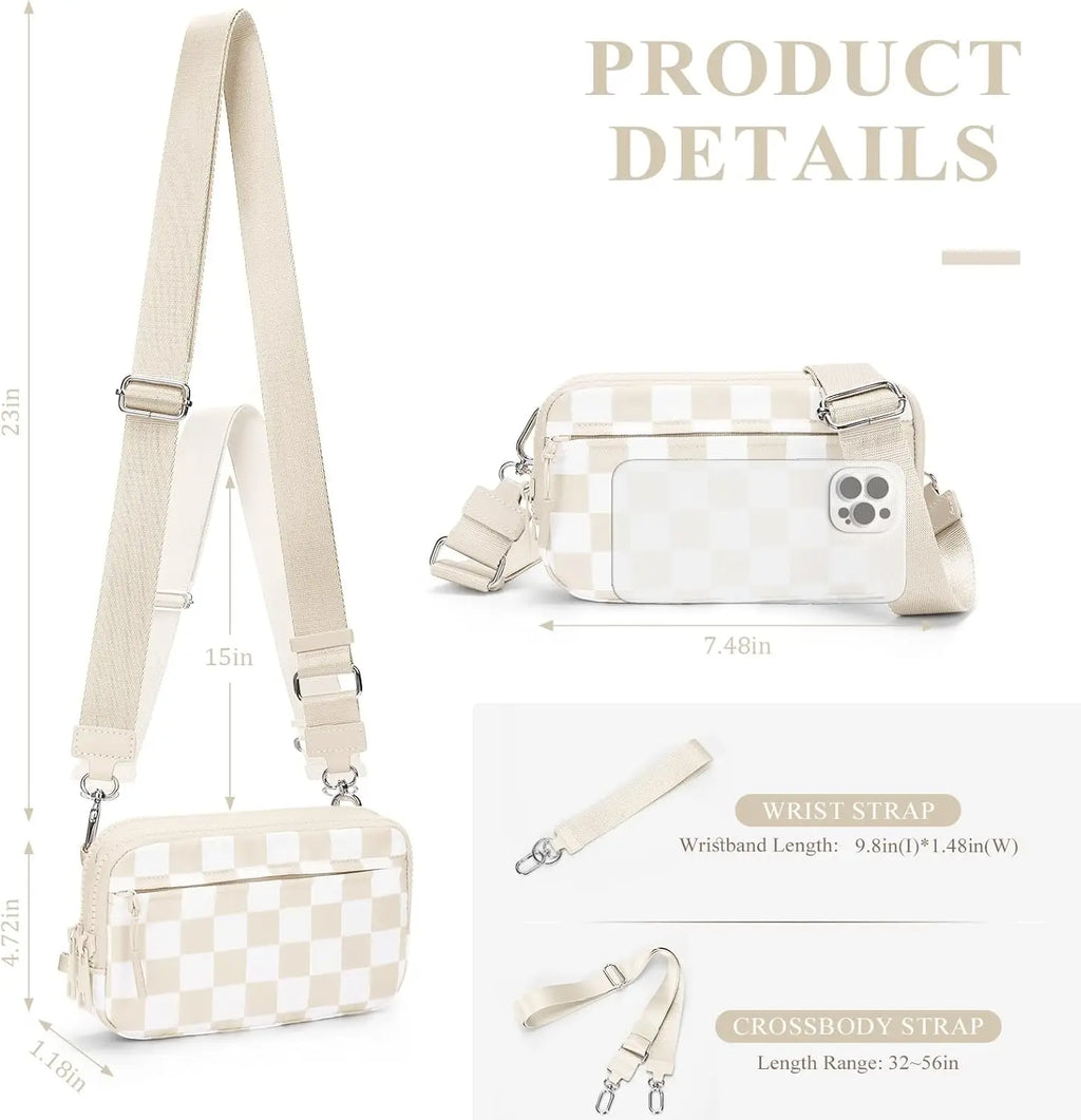 Checkered Wristlet Wallets for Women with ID Window Small Nylon Crossbody Bum Bag Cute Wristlet Purse with 4 Zippers