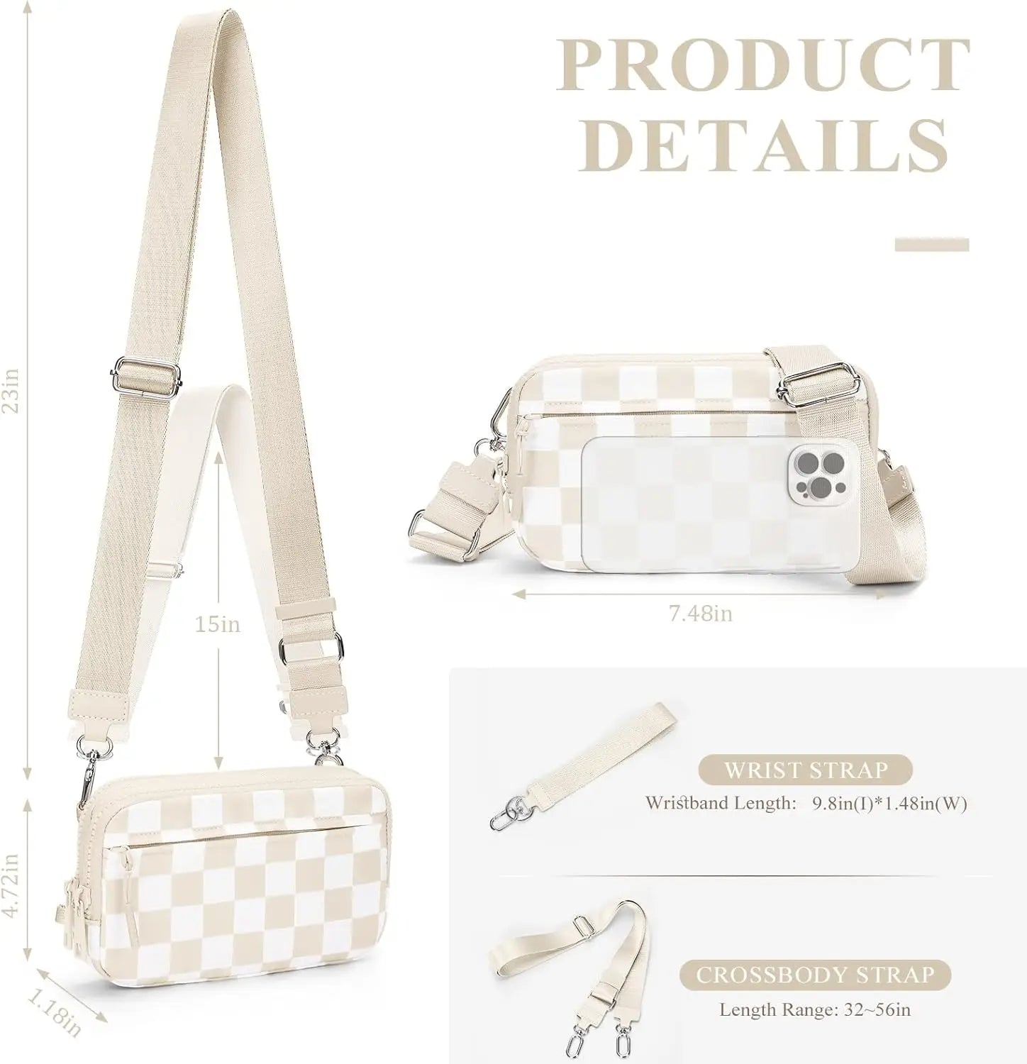 Checkered Wristlet Wallets for Women with ID Window Small Nylon Crossbody Bum Bag Cute Wristlet Purse with 4 Zippers
