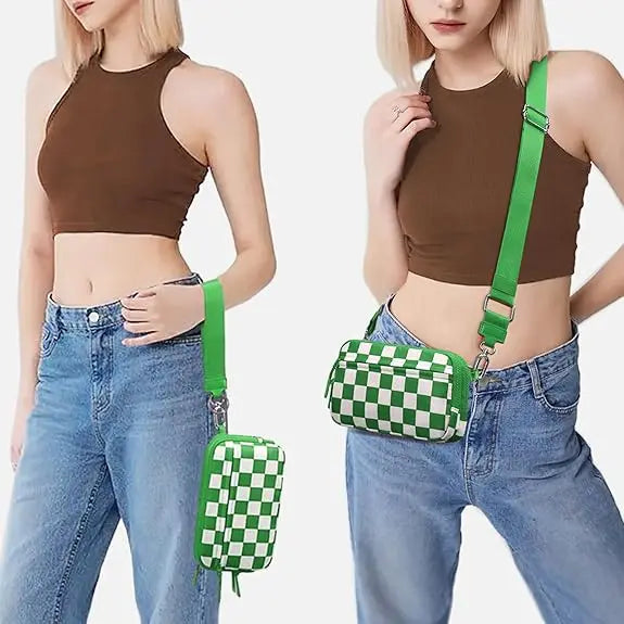 Checkered Wristlet Wallets for Women with ID Window Small Nylon Crossbody Bum Bag Cute Wristlet Purse with 4 Zippers
