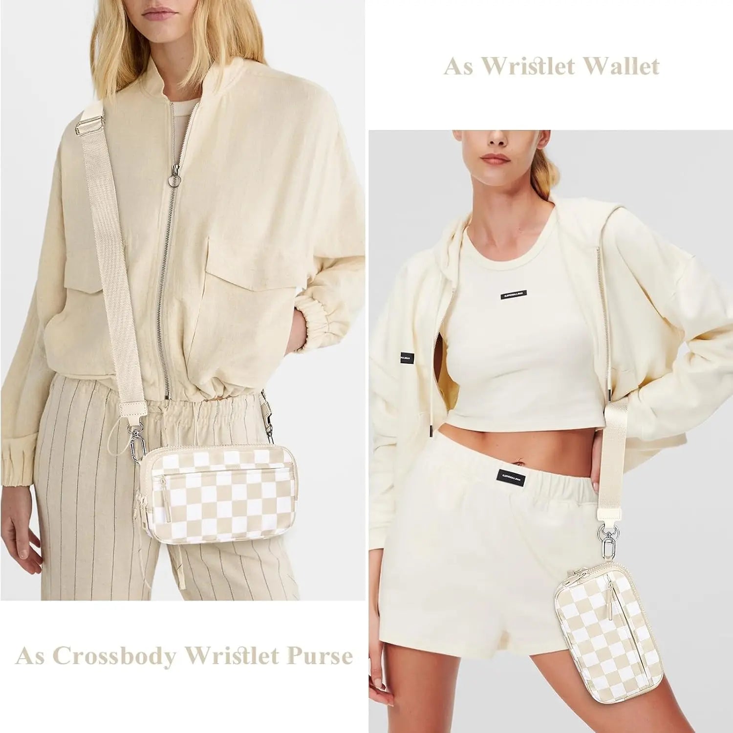 Checkered Wristlet Wallets for Women with ID Window Small Nylon Crossbody Bum Bag Cute Wristlet Purse with 4 Zippers