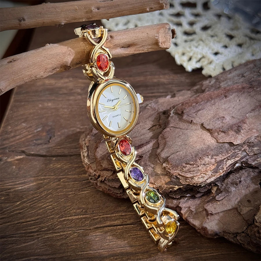 New Arrival TikTok Diamond Embedded Oval Shape Miniature Retro Rainbow Luxury Watch Elegant Compact Design Direct Sale