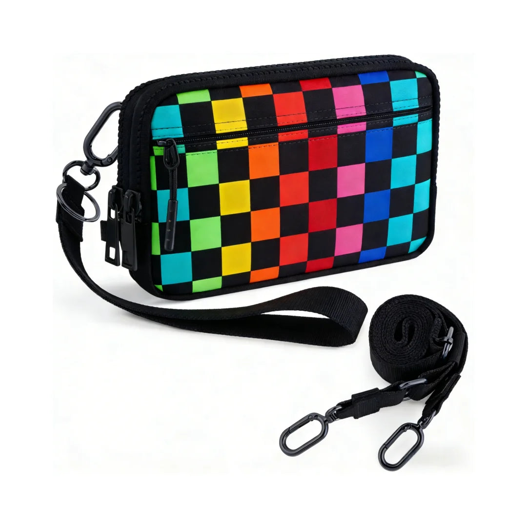 Checkered Wristlet Wallets for Women with ID Window Small Nylon Crossbody Bum Bag Cute Wristlet Purse with 4 Zippers