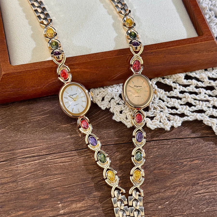 New Arrival TikTok Diamond Embedded Oval Shape Miniature Retro Rainbow Luxury Watch Elegant Compact Design Direct Sale