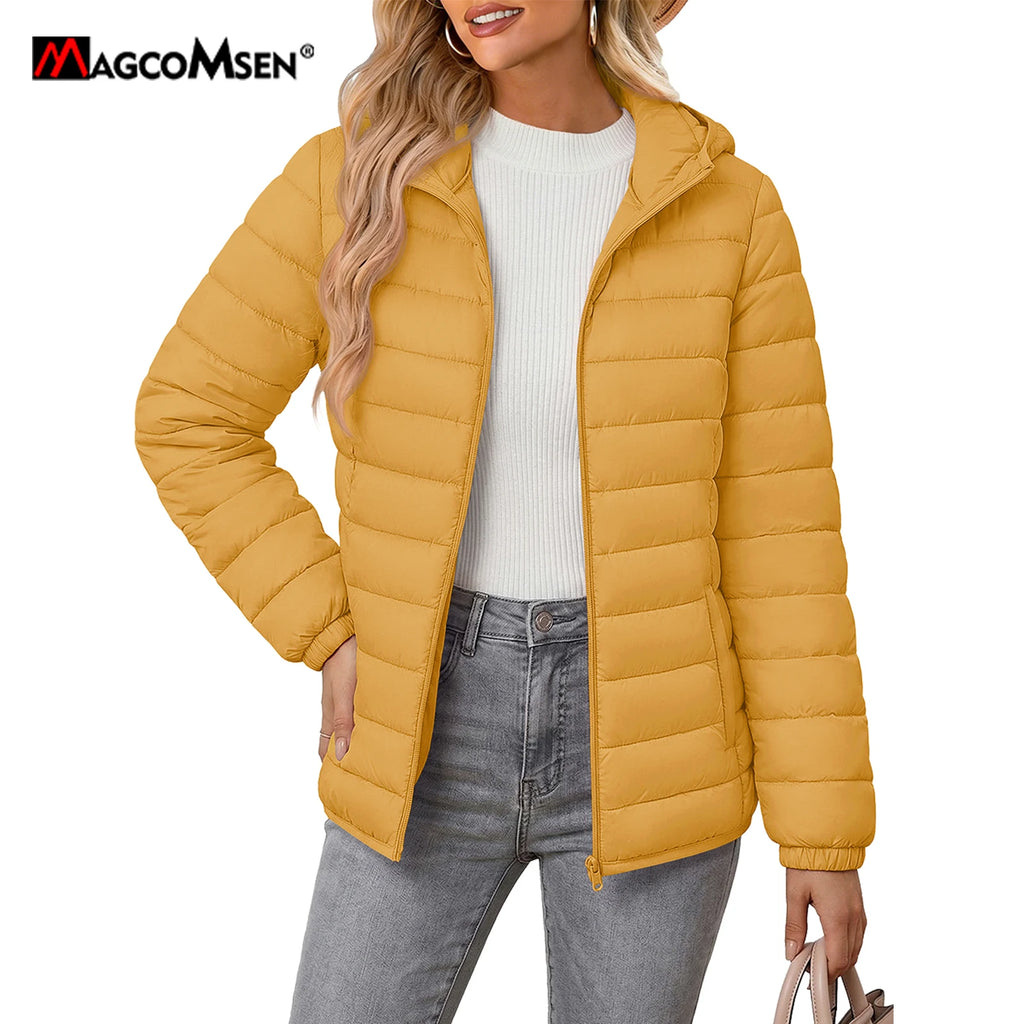 MAGCOMSEN Women's Lightweight Hooded Puffer Jacket Full Zip Quilted Coat Warm Winter Outerwear Casual