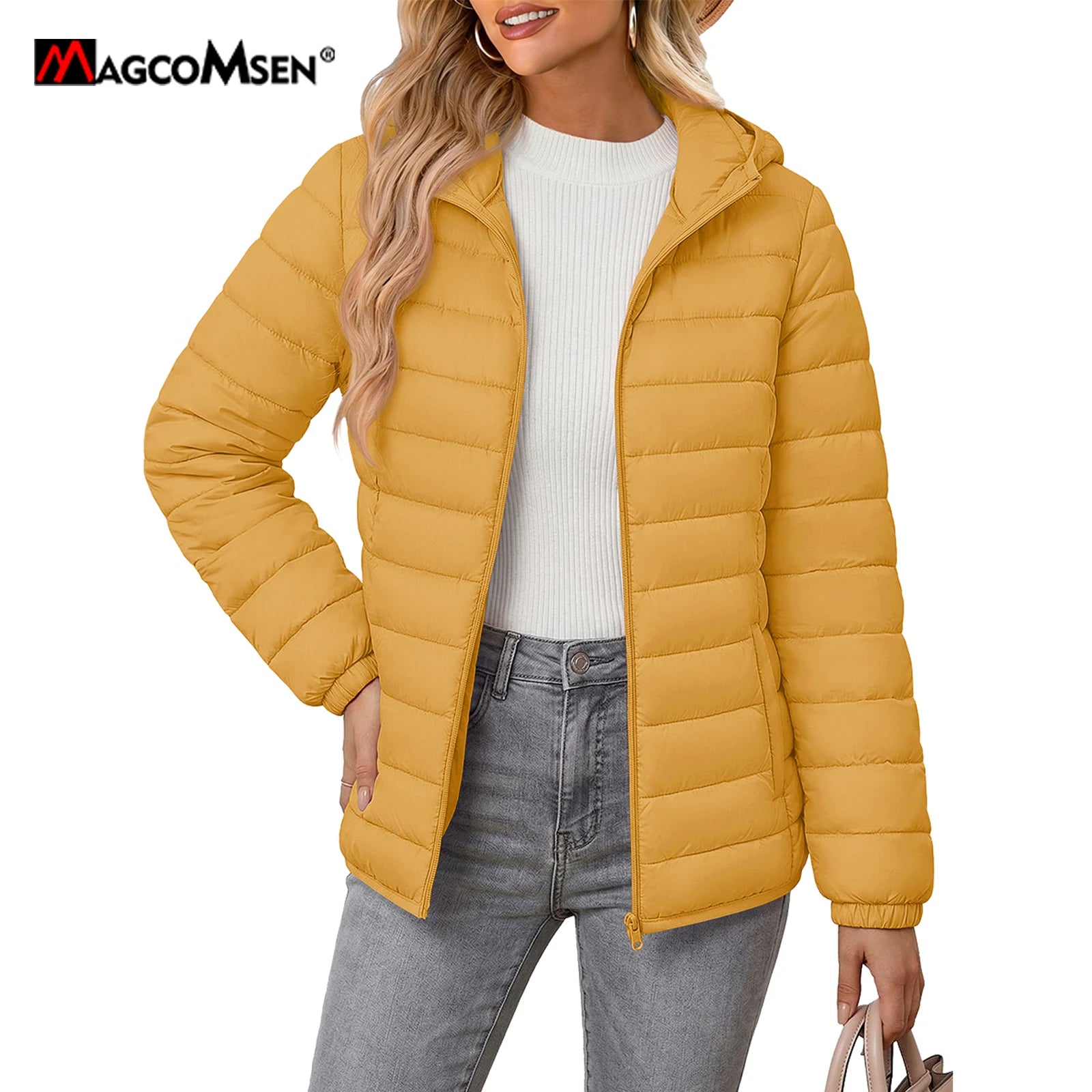 MAGCOMSEN Women's Lightweight Hooded Puffer Jacket Full Zip Quilted Coat Warm Winter Outerwear Casual