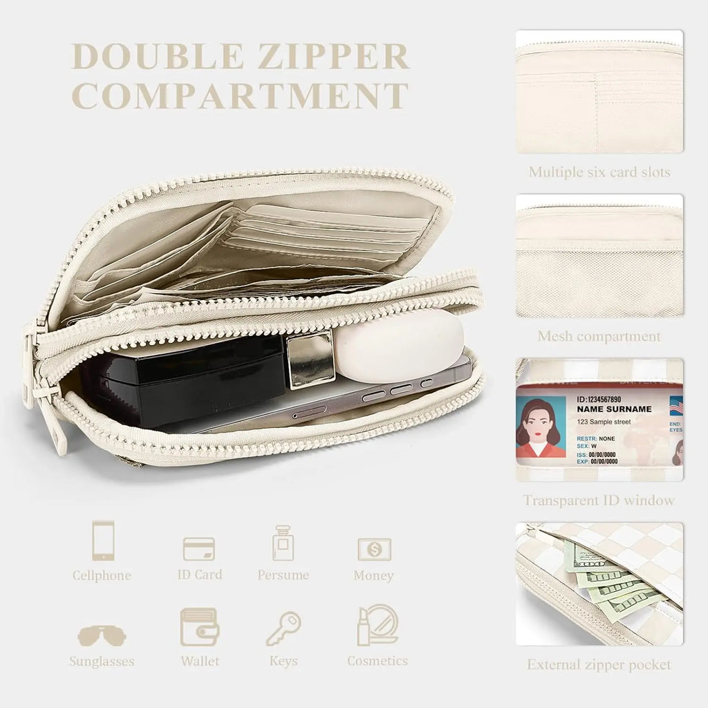 Checkered Wristlet Wallets for Women with ID Window Small Nylon Crossbody Bum Bag Cute Wristlet Purse with 4 Zippers