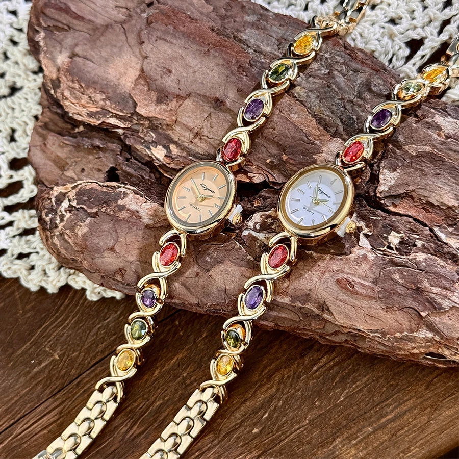 New Arrival TikTok Diamond Embedded Oval Shape Miniature Retro Rainbow Luxury Watch Elegant Compact Design Direct Sale