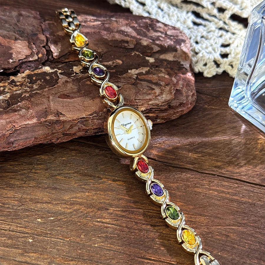 New Arrival TikTok Diamond Embedded Oval Shape Miniature Retro Rainbow Luxury Watch Elegant Compact Design Direct Sale